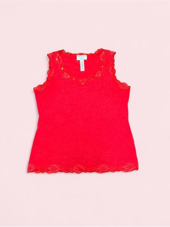 Covington Tops - Covington Y2K Red Lace Trim Sequin Beaded Camisole Tank Top Stretch Small 6 8